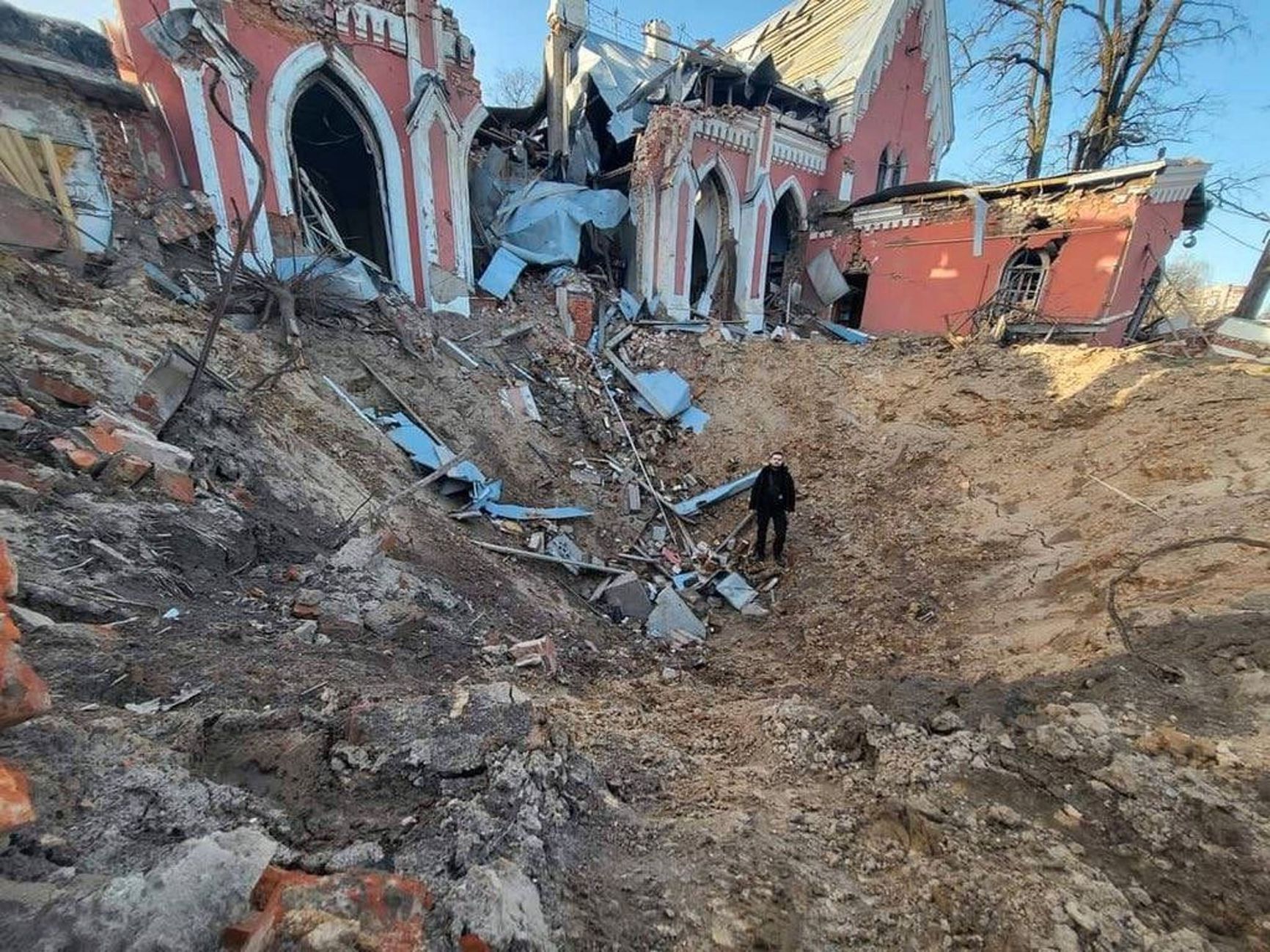 The crater in front of the library in Chernihiv